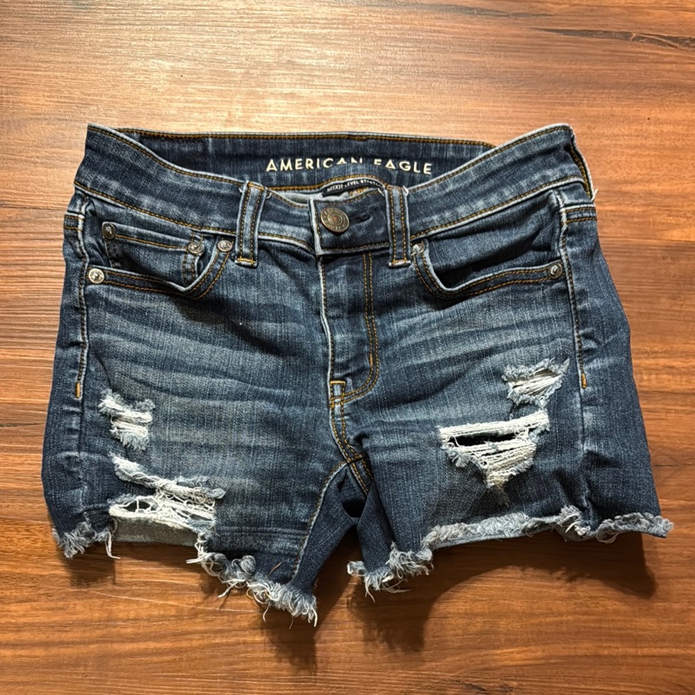 American Eagle Outfitters Dark Blue Distressed Jean Shorts